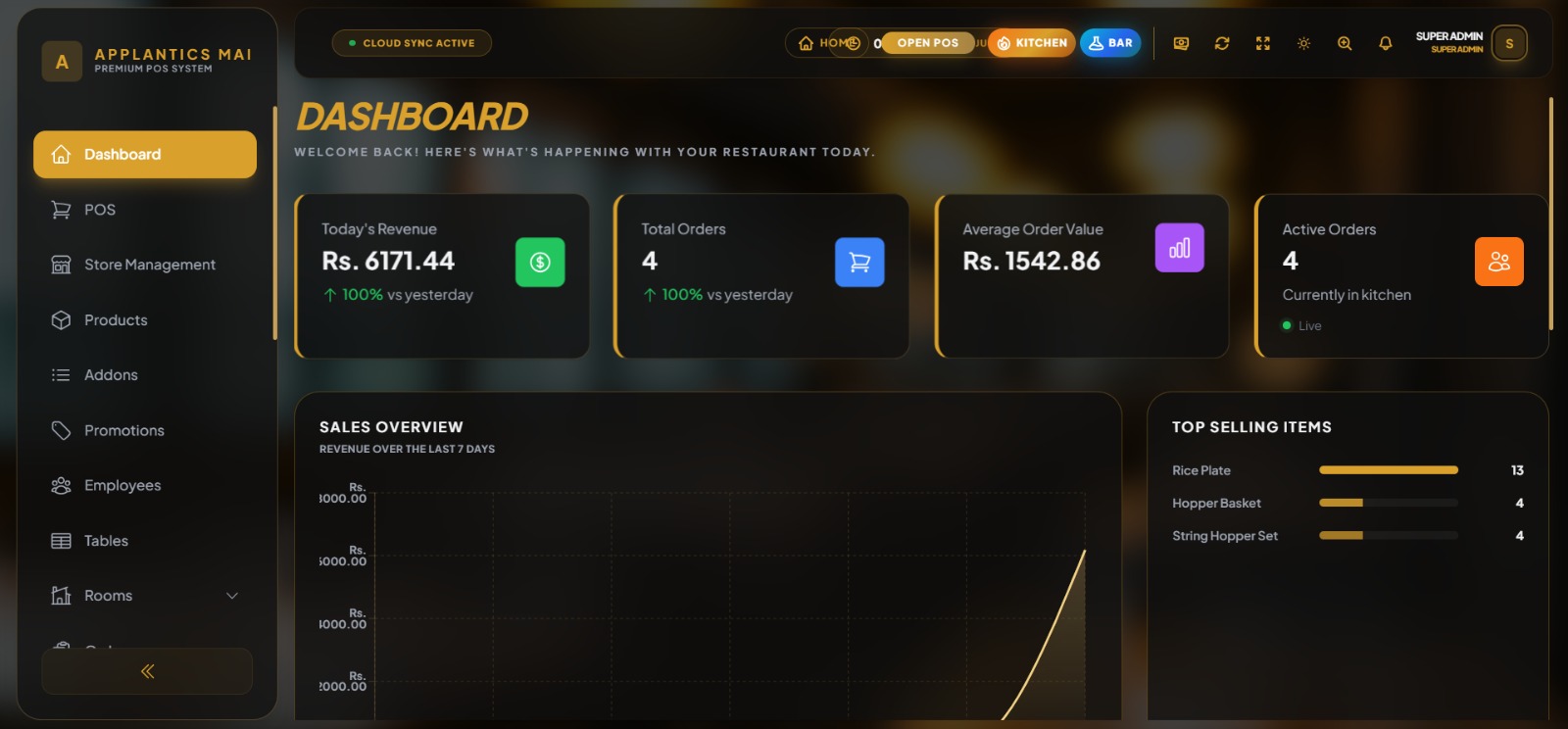 Applantics Restaurant POS Sri Lanka - Dark Gold Dashboard with Cloud Sync Kitchen and Bar Management