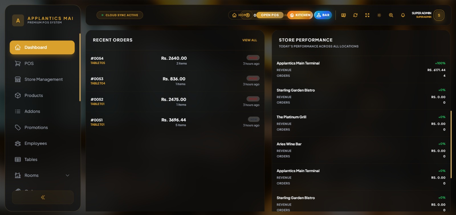 Applantics Restaurant POS Sri Lanka - Recent Orders List and Multi-Location Performance Analytics