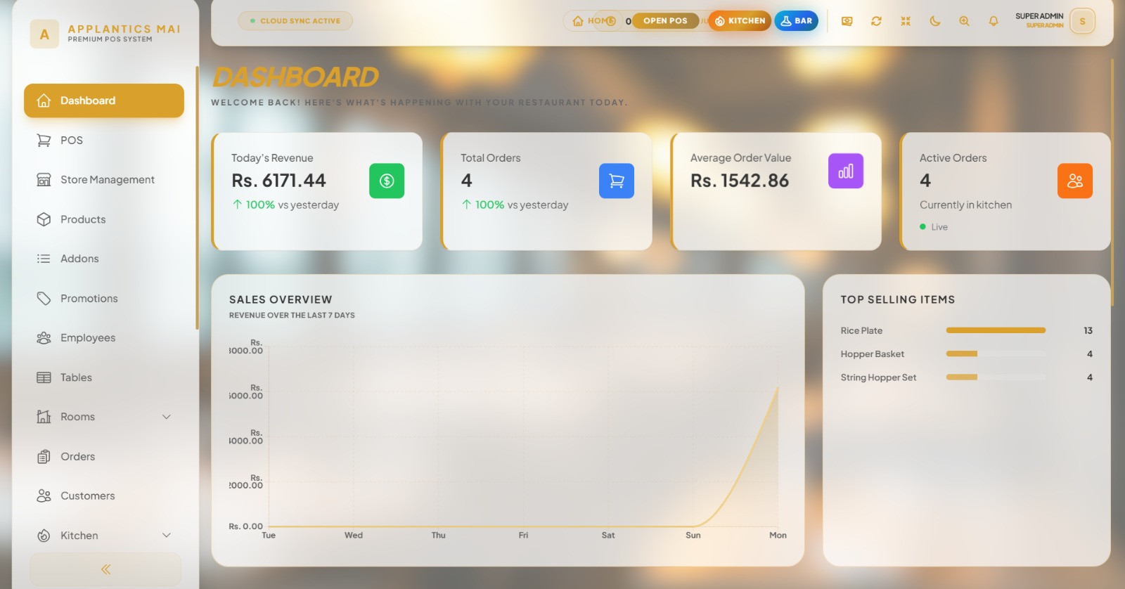 Applantics POS System Sri Lanka - Premium Dashboard with Revenue Stats Total Orders and Sales Chart